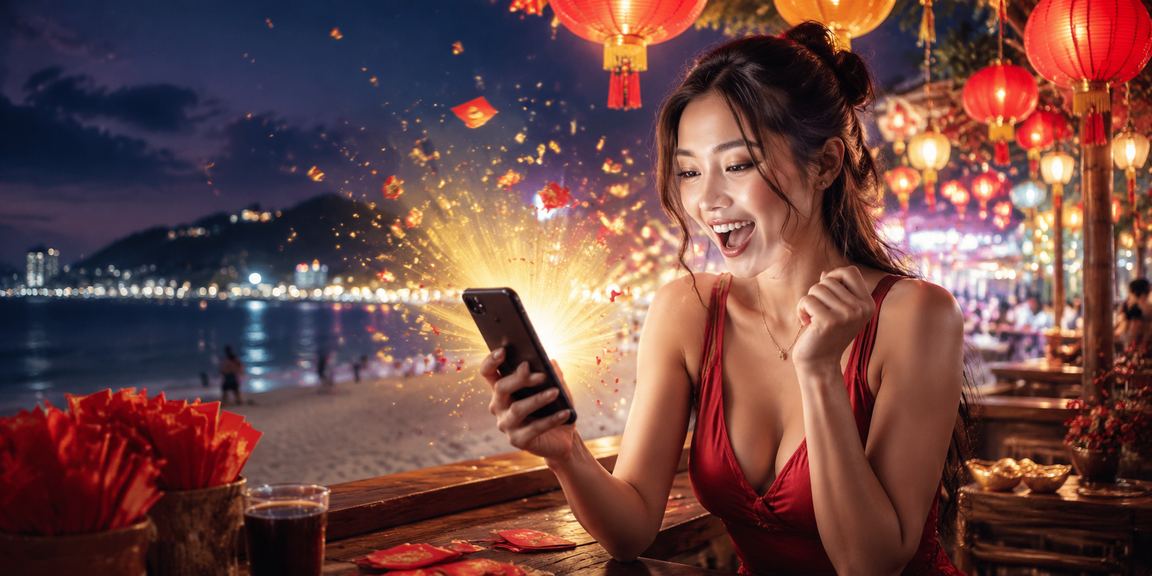 Phong bao lì xì đỏ và biển báo thanh toán tại chợ đêm Vũng Tàu